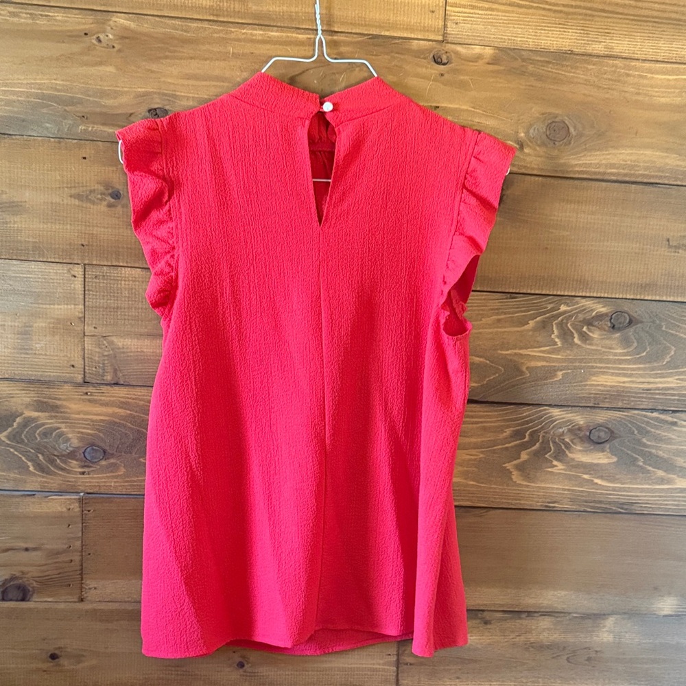 Zenana Outfitters Textured Ruffle Neck Blouse in Coral Red - Picture 3 of 3